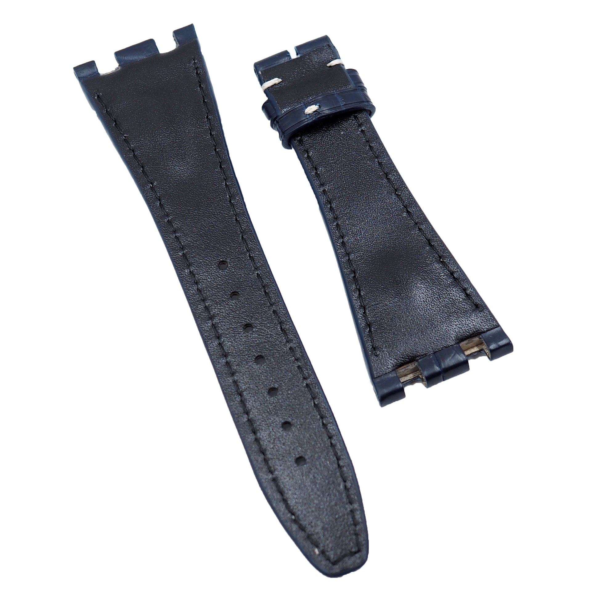 28mm Navy Blue Alligator Leather Watch Strap, White Stitching For 