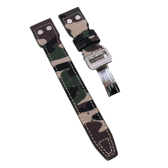 22mm Pilot Style Camouflage Green Nylon Watch Strap For IWC, Rivet Lug, Semi Square Tail