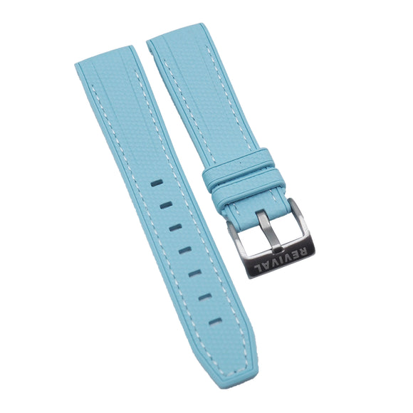 20mm Curved End Nylon Grain Coral Blue Rubber Watch Strap w/ White Stitching For Rolex, Omega and MoonSwatch