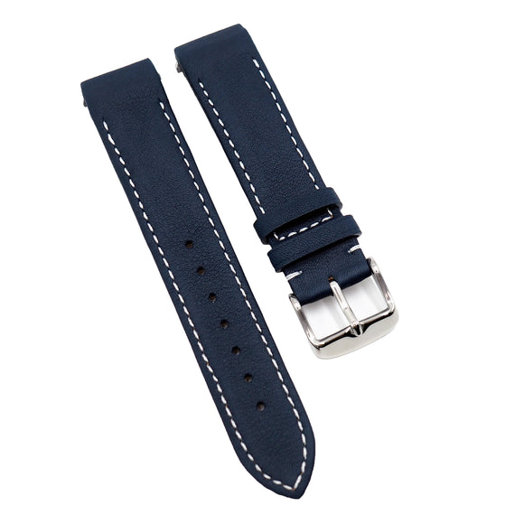 19mm Deep Blue Calf Leather Watch Strap, White Stitching For Cartier Roadster, Quick Switch System
