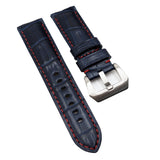 22mm, 24mm, 26mm Navy Blue Alligator Leather Watch Strap, Red Stitching For Panerai
