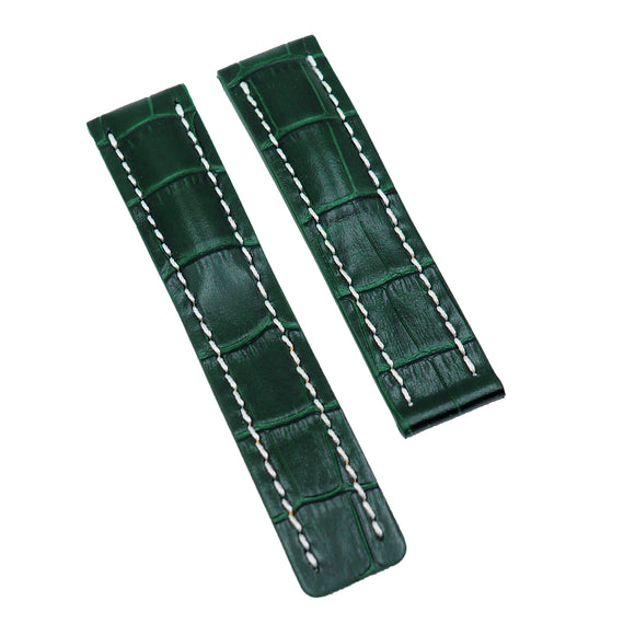 22mm, 24mm Dark Green Alligator Embossed Calf Leather Watch Strap, White Stitching For Breitling