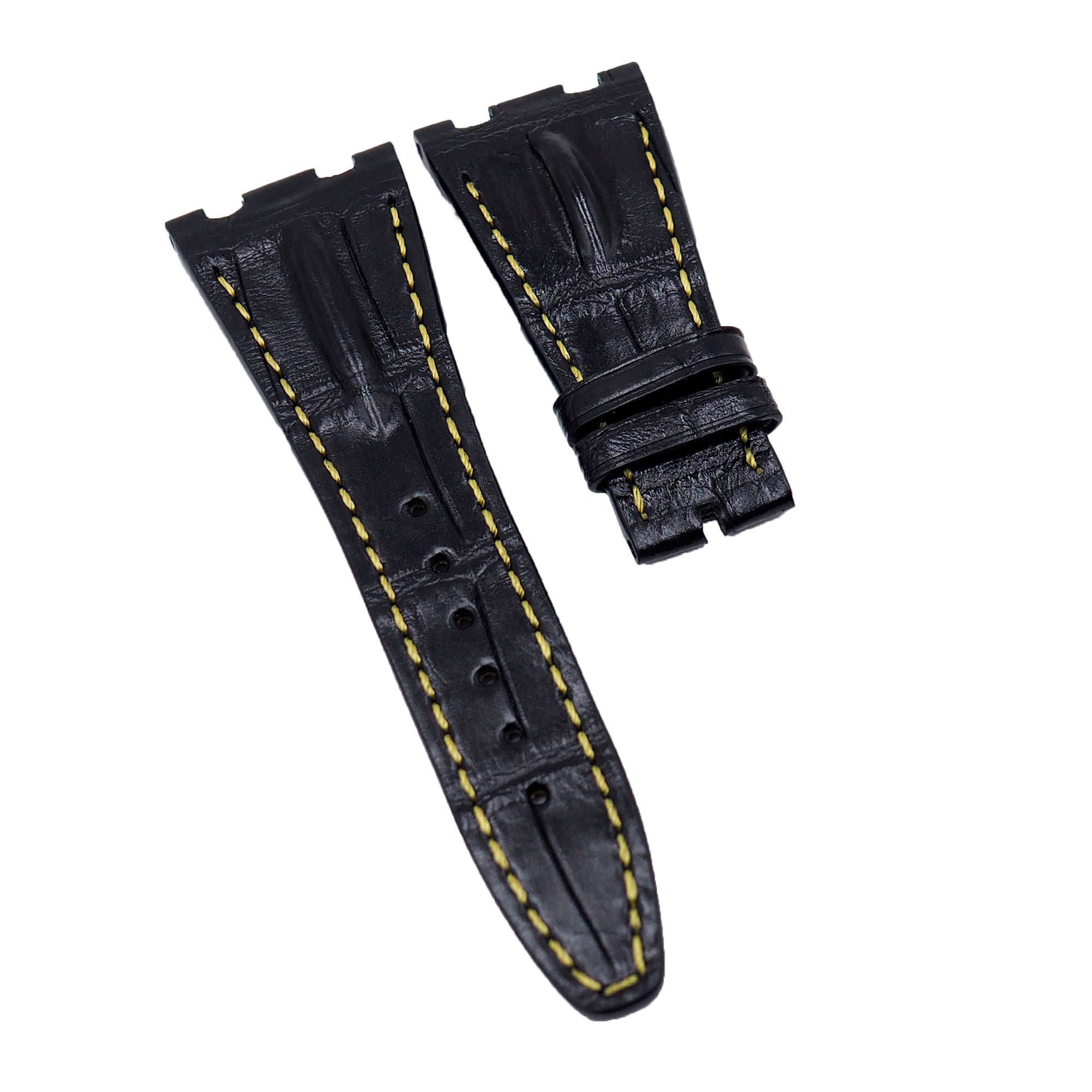 28mm Black Alligator Leather Watch Strap, Yellow Stitching For