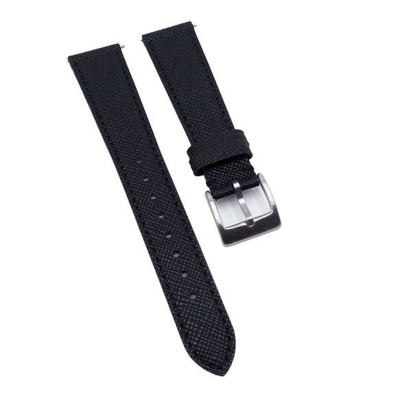18mm - 24mm Black Saffiano Leather Watch Strap, Quick Release Spring Bars