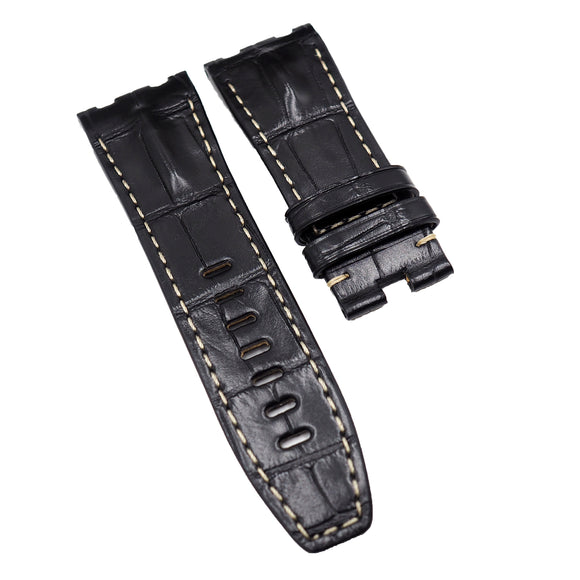 28mm Black Alligator Leather Watch Strap, Cream Stitching For Audemars Piguet Royal Oak Offshore 15710 Series