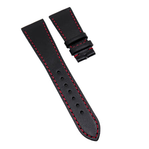 24mm Black Calf Leather Watch Strap, Red Stitching For Tudor Fastrider Black Shield