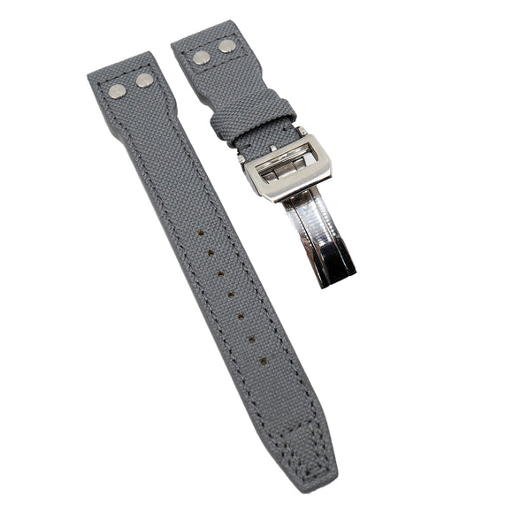 22mm Pilot Style Grey Nylon Watch Strap For IWC, Rivet Lug, Semi Square Tail