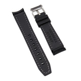 20mm Curved End Nylon Grain Black Rubber Watch Strap, White Stitching For Rolex, Omega and MoonSwatch