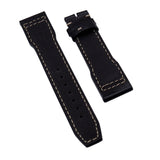 20mm, 21mm Pilot Style Black Italian Calf Leather Watch Strap For IWC, Cream Stitching, Semi Square Tail