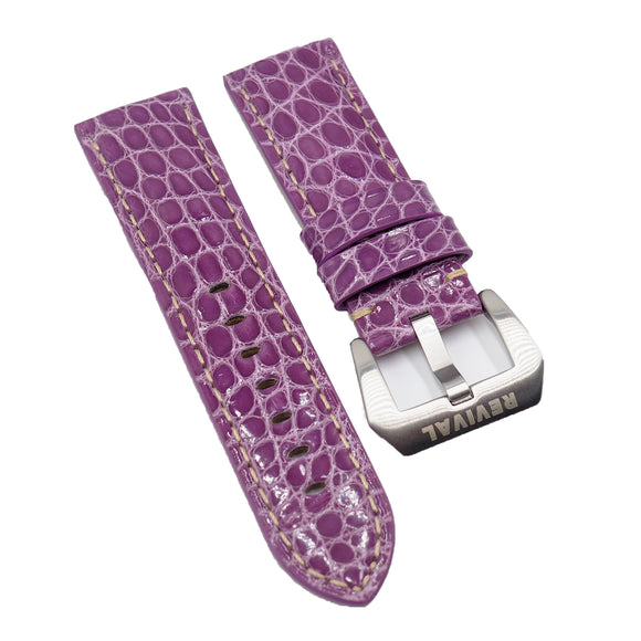 22mm, 24mm, 26mm Mauve Violet Alligator Leather Watch Strap For Panerai, Cream Stitching, Small Scale Pattern