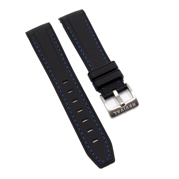 20mm Curved End Nylon Grain Black Rubber Watch Strap, Blue Stitching For Rolex, Omega and MoonSwatch