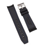 20mm Curved End Nylon Grain Black Rubber Watch Strap, Blue Stitching For Rolex, Omega and MoonSwatch