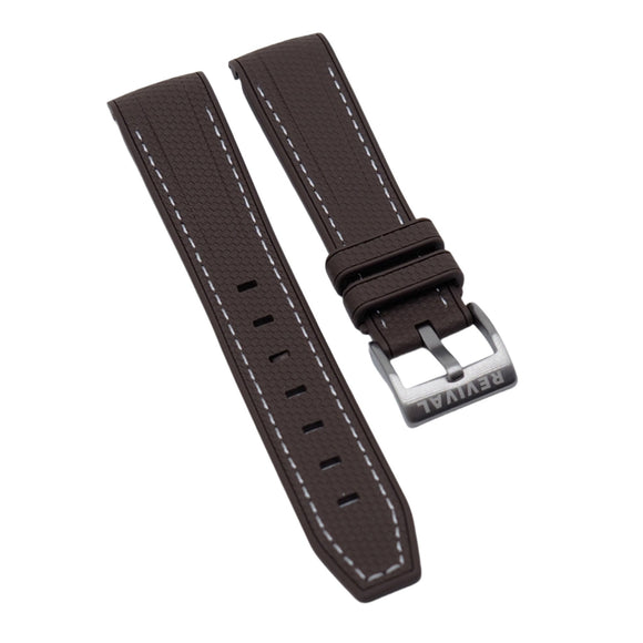 20mm Curved End Nylon Grain Brown Rubber Watch Strap w/ White Stitching For Rolex, Omega and MoonSwatch