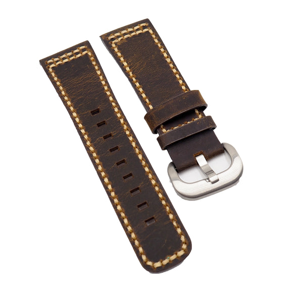 28mm Deep Brown Matte Calf Leather Watch Strap For SevenFriday, Yellow Gold Stitching