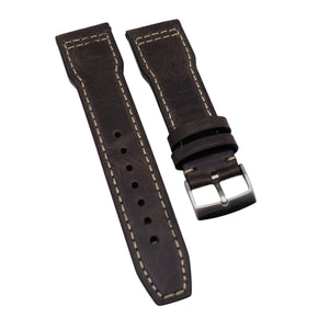 20mm, 21mm Pilot Style Wood Brown Italian Calf Leather Watch Strap For IWC, Cream Stitching, Semi Square Tail