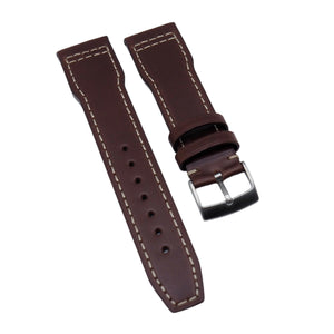 20mm, 21mm Pilot Style Pecan Brown Italian Calf Leather Watch Strap For IWC, Cream Stitching, Semi Square Tail