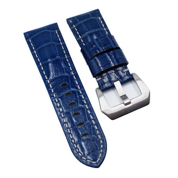 22mm, 24mm Blue Alligator Embossed Calf Leather Watch Strap For Panerai, Small Wrist Length