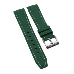 20mm Curved End Nylon Grain Green Rubber Watch Strap w/ White Stitching For Rolex, Omega and MoonSwatch