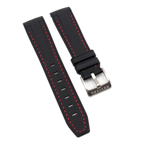 20mm Curved End Nylon Grain Black Rubber Watch Strap, Red Stitching For Rolex, Omega and MoonSwatch