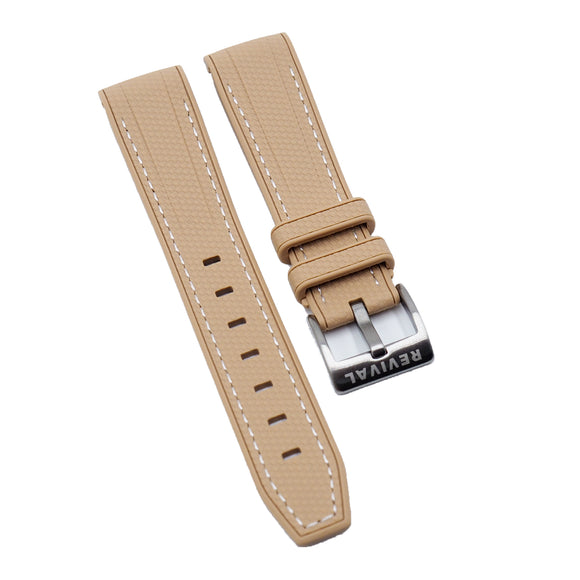 20mm Curved End Nylon Grain Tortilla Brown Rubber Watch Strap w/ Stitching For Rolex, Omega and MoonSwatch