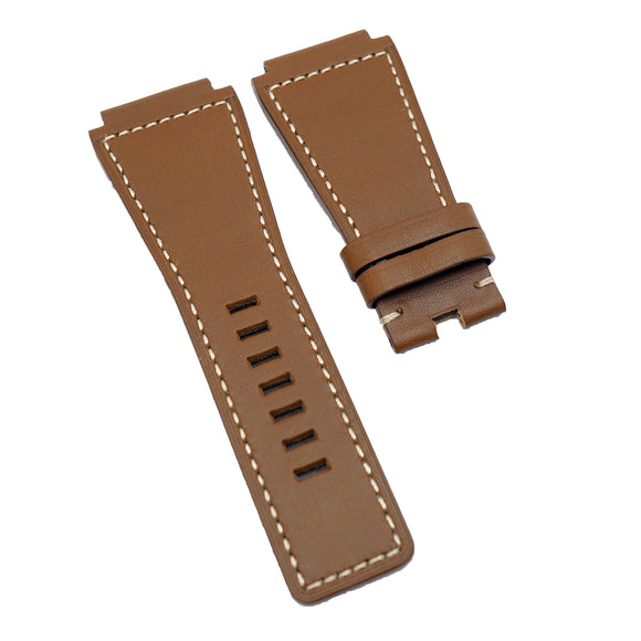 24mm Tawny Brown Calf Leather Watch Strap, Cream Stitching For Bell & Ross
