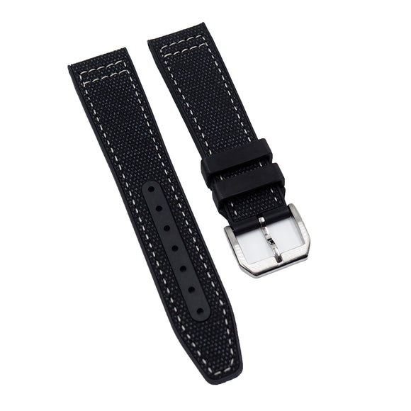 20mm, 21mm Pilot Style Hybrid Black Nylon FKM Rubber Watch Strap For IWC, White Stitching, Semi Square Tail