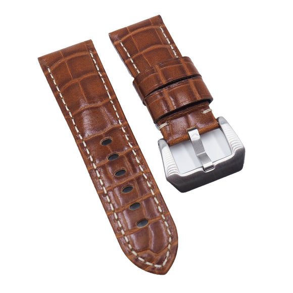 22mm, 24mm Burnt Orange Alligator Embossed Calf Leather Watch Strap For Panerai, Small Wrist Length