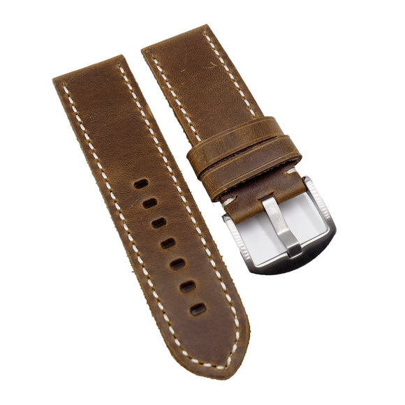 24mm Medium Brown Italy Calf Leather Watch Strap, White Stitching