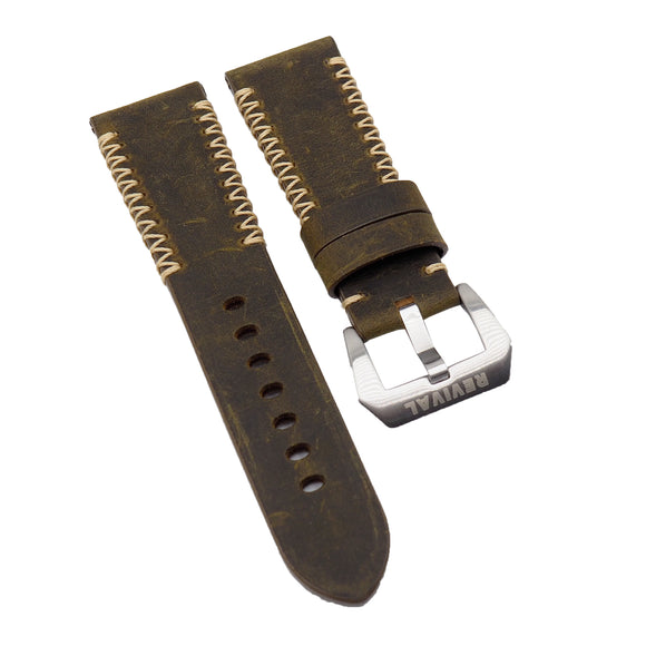 26mm Wood Brown Matte Calf Leather Watch Strap For Panerai, M Pattern Stitching