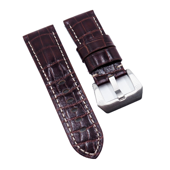 22mm, 24mm Dark Brown Alligator Embossed Calf Leather Watch Strap For Panerai, Small Wrist Length