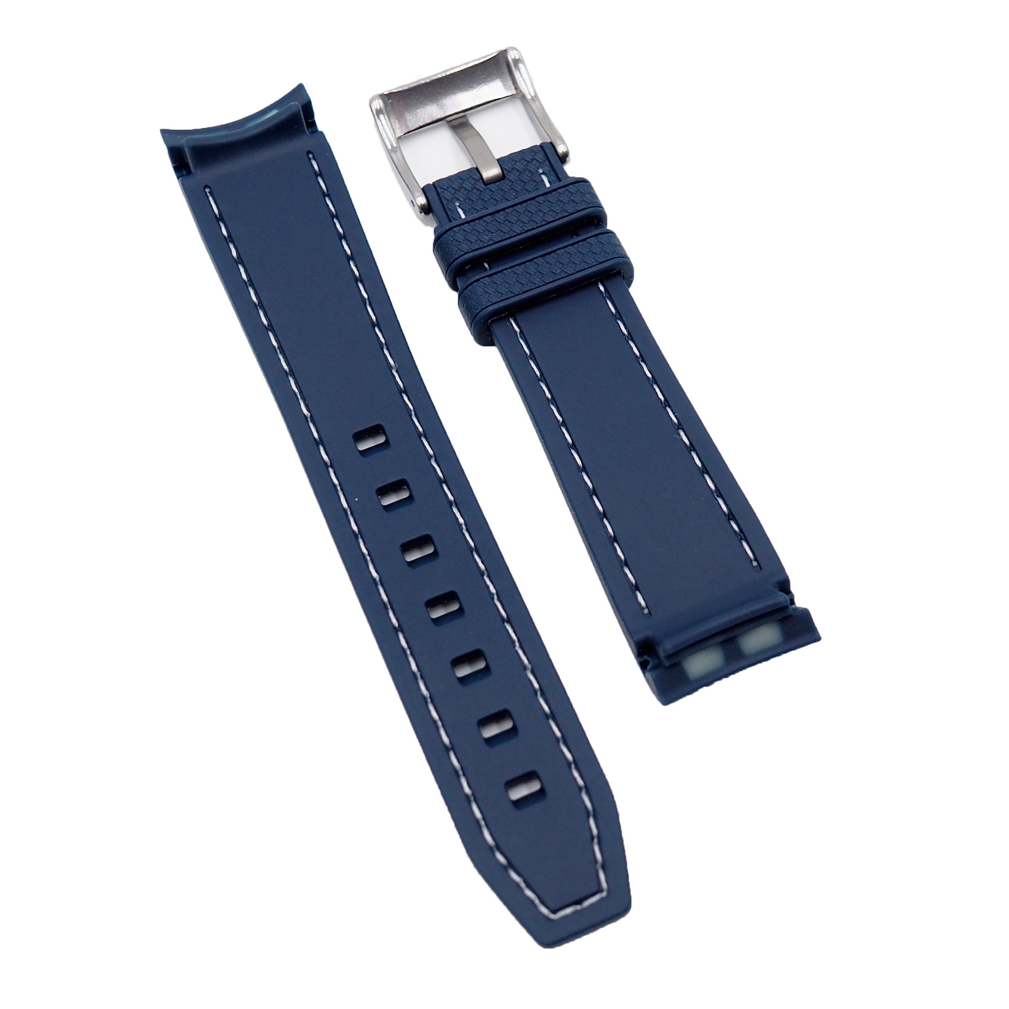 20mm Curved End Nylon Grain Navy Blue Rubber Watch Strap w/ White