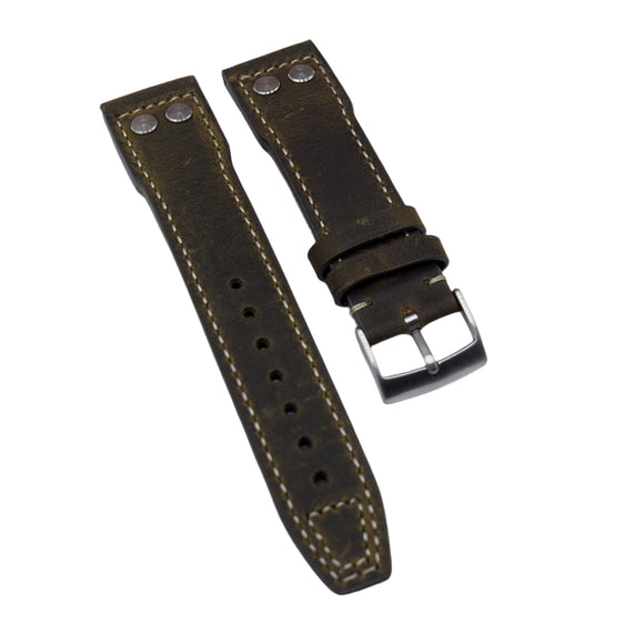 20mm, 21mm Pilot Style Mocha Brown Matte Calf Leather Watch Strap For IWC, Rivet Lug, Semi Square Tail