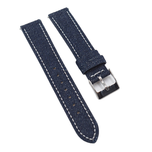 18mm, 20mm Blue Canvas Watch Strap, White Stitching, Quick Release Spring Bars