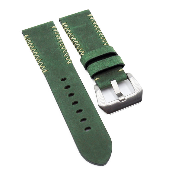 26mm Green Matte Calf Leather Watch Strap For Panerai, M Pattern Stitching