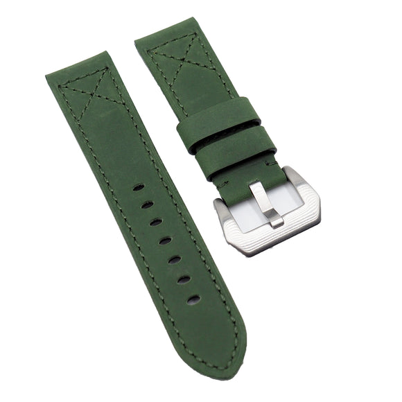 24mm Hunter Green Matte Calf Leather Watch Strap For Panerai, Cross Stitching