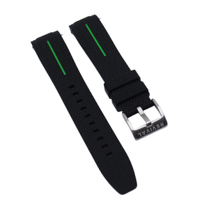 20mm Curved End Nylon Grain Black Rubber Watch Strap w/ Green Line, Quick Release Spring Bars For Rolex, Omega and MoonSwatch