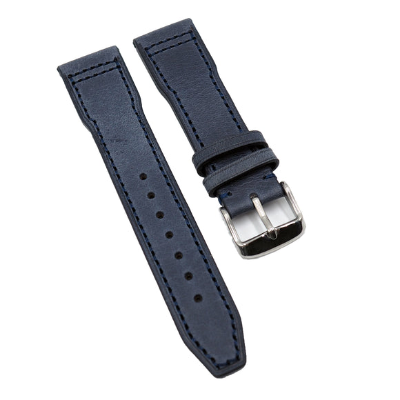 20mm, 21mm, 22mm Pilot Style Aegean Blue Calf Leather Watch Strap For IWC, Semi Square Tail