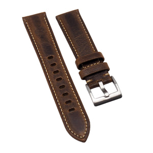 20mm, 22mm Caramel Brown Calf Leather Watch Strap, Cream Stitching