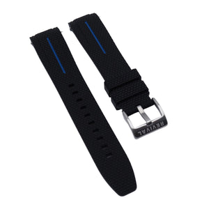 20mm Curved End Nylon Grain Black Rubber Watch Strap w/ Blue Line, Quick Release Spring Bars For Rolex, Omega and MoonSwatch