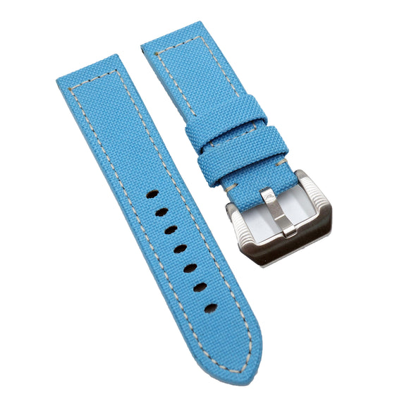 24mm, 26mm Sky Blue Nylon Watch Strap For Panerai, Cream Stitching