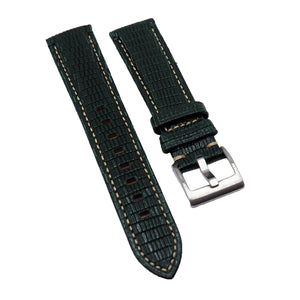 20mm, 22mm Sacramento Green Lizard Embossed Calf Leather Watch Strap, Cream Stitching