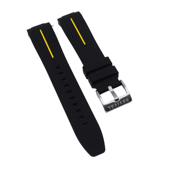 20mm Curved End Nylon Grain Black Rubber Watch Strap w/ Yellow Line, Quick Release Spring Bars For Rolex, Omega and MoonSwatch