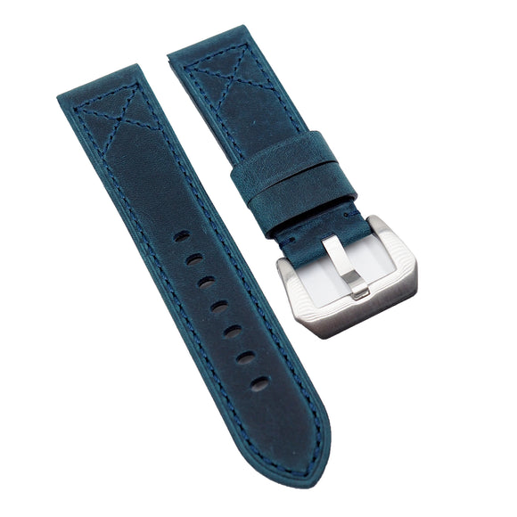 24mm Denim Blue Matte Calf Leather Watch Strap For Panerai, Cross Stitching
