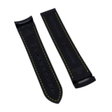 20mm, 22mm Curved End Black FKM Rubber Watch Strap, Yellow Stitching For Omega