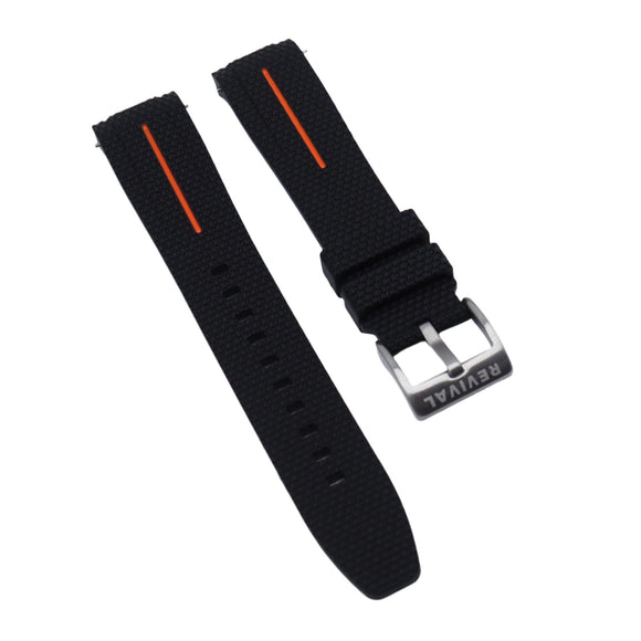 20mm Curved End Nylon Grain Black Rubber Watch Strap w/ Orange Line, Quick Release Spring Bars For Rolex, Omega and MoonSwatch