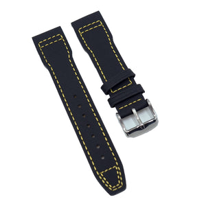 20mm, 21mm Pilot Style Black Fiber Watch Strap For IWC, Yellow Stitching, Semi Square Tail