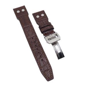 22mm Big Pilot Style Pecan Brown Alligator Leather Watch Strap For IWC, Rivet Lug, Semi Square Tail