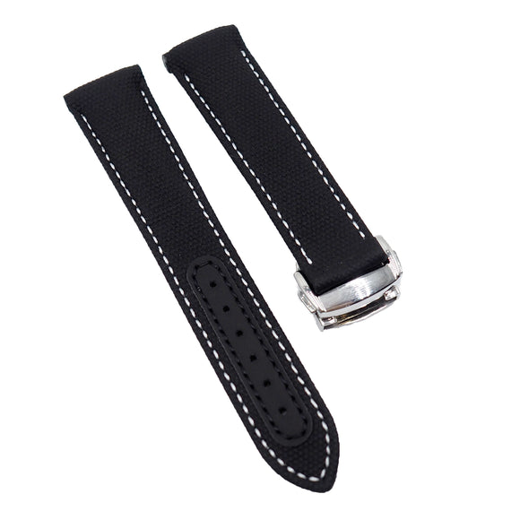 21mm Curved End Black Nylon Watch Strap For Omega, White Stitching