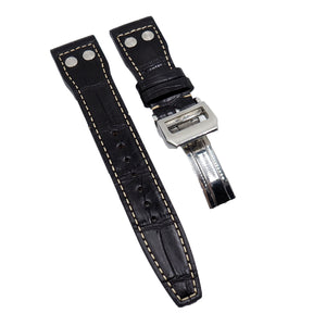 21mm Pilot Style Black Alligator Leather Watch Strap For IWC, Cream Stitching, Rivet Lug, Semi Square Tail