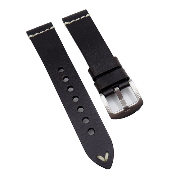 20mm Vintage Style Black Waxed Calf Leather Watch Strap
